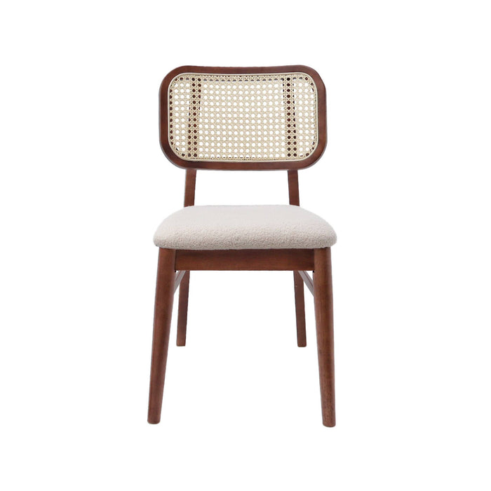 sweeek - Vintage stoel van rubberhout met vlechtwerk en boucléstof