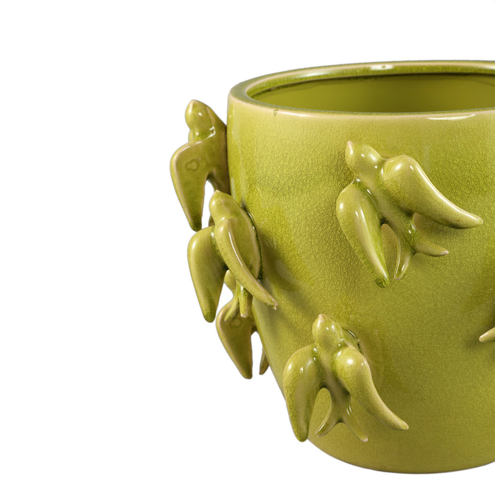 PTMD Emmelyn Green Round Ceramic Glazed Pot Birds L