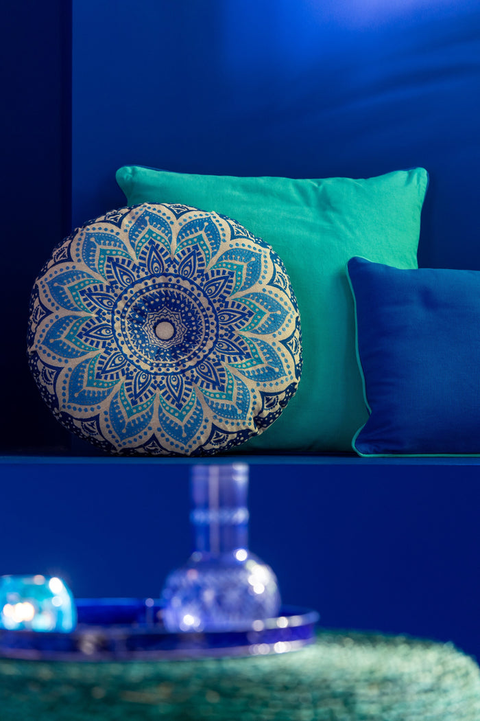 J-Line kussen Rond Bloem - katoen - turquoise|blauw - 2 stuks