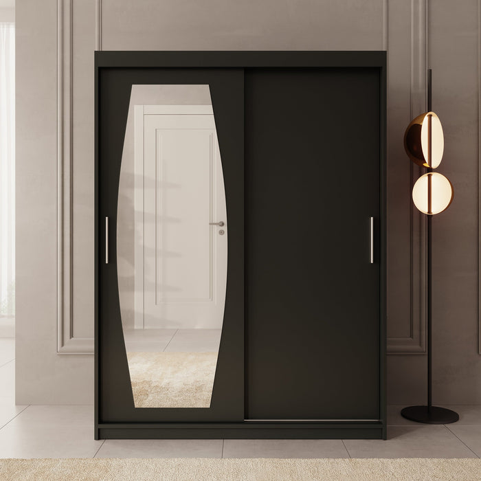 Meubella - Kledingkast Azai - Zwart - 150 cm - Met spiegel