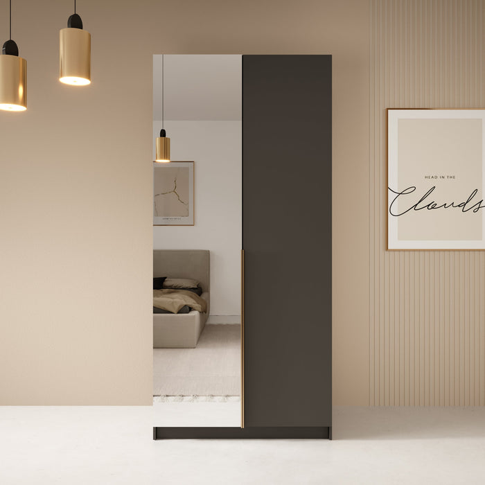 Meubella - Kledingkast Bruno 2 - Zwart - 100 cm - Met spiegel