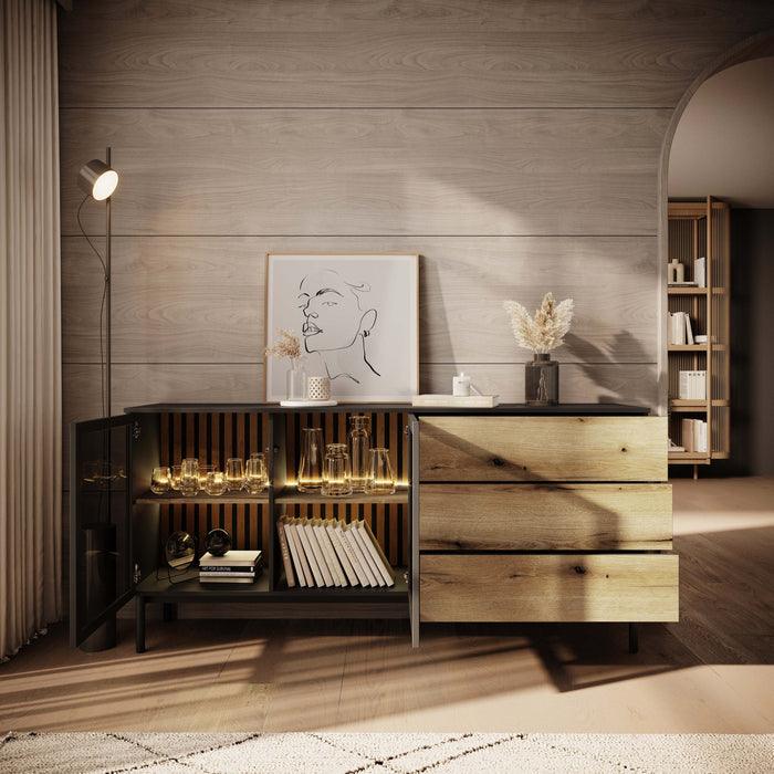 Meubella - Dressoir Ludwig - Zwart - Eiken - 180 cm