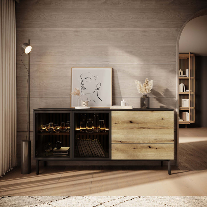 Meubella - Dressoir Ludwig - Zwart - Eiken - 180 cm