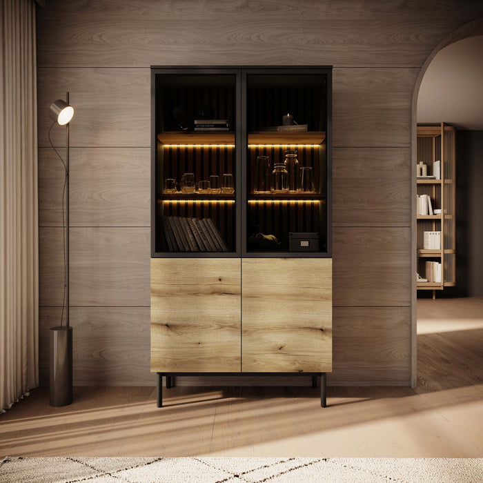 Meubella - Vitrinekast Ludwig - Zwart - Eiken - 100 cm - Hoog