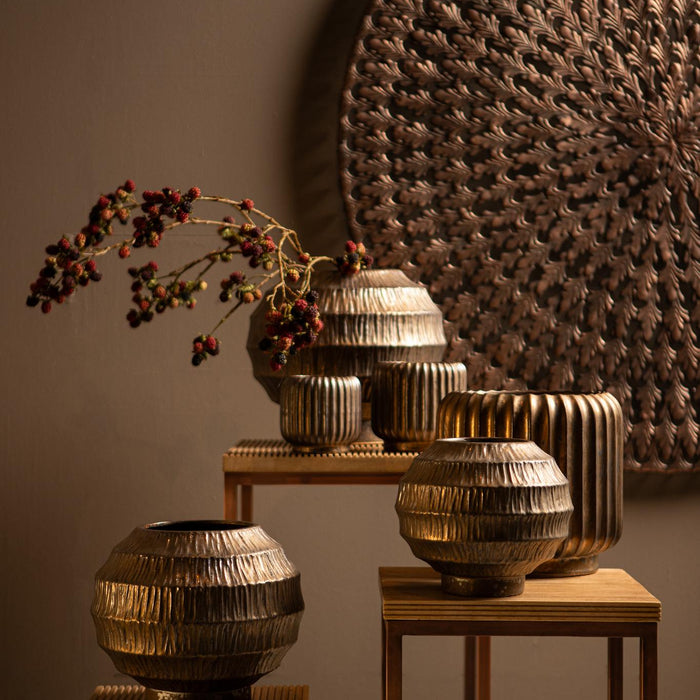 PTMD Cherith Bronze round ceramic pot ribbed S