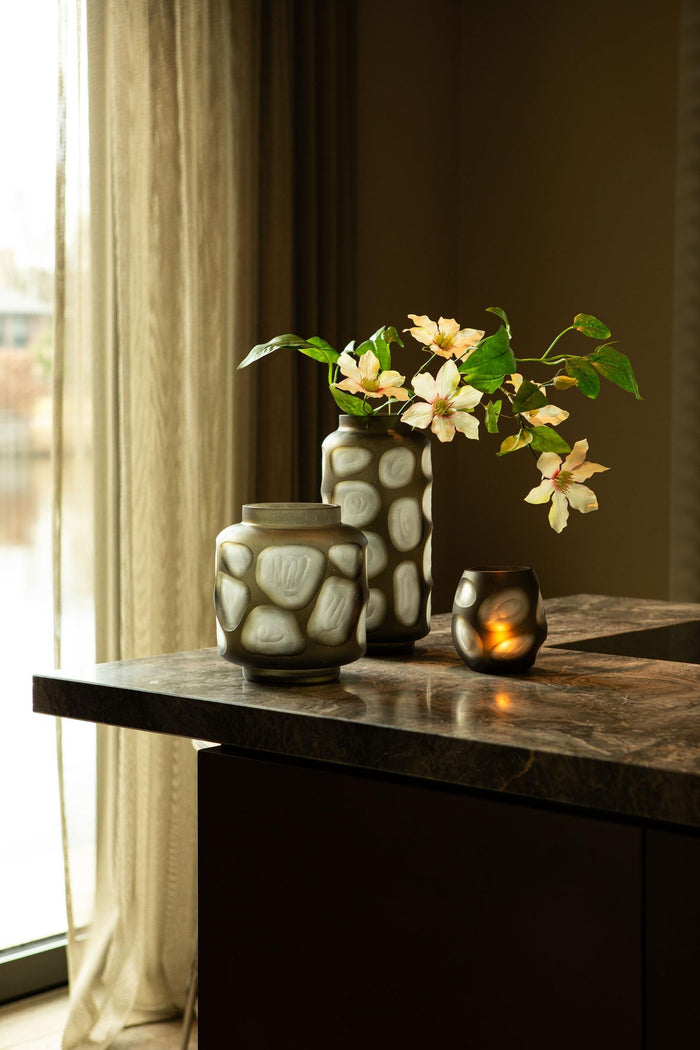 PTMD Azize Green Carved Glass Round Vase On Base S