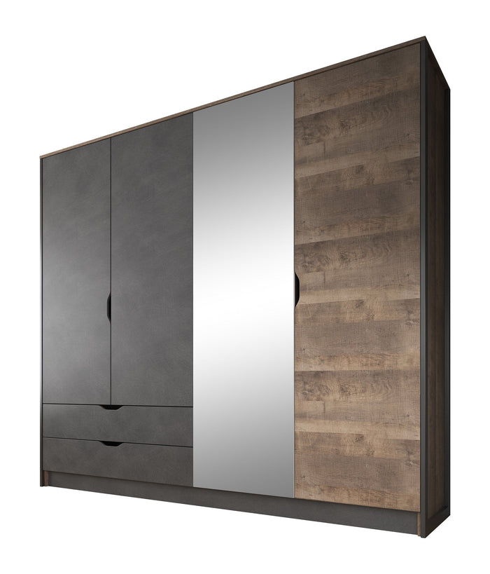 Meubella - Kledingkast Acasia - Grijs - Eiken - 220 cm - Met spiegel