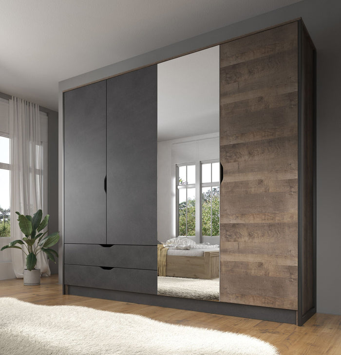 Meubella - Kledingkast Acasia - Grijs - Eiken - 220 cm - Met spiegel