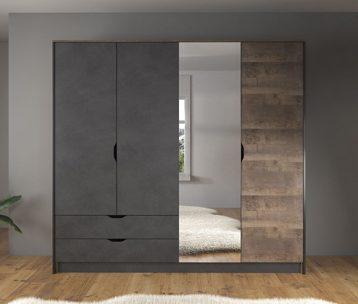 Meubella - Kledingkast Acasia - Grijs - Eiken - 220 cm - Met spiegel