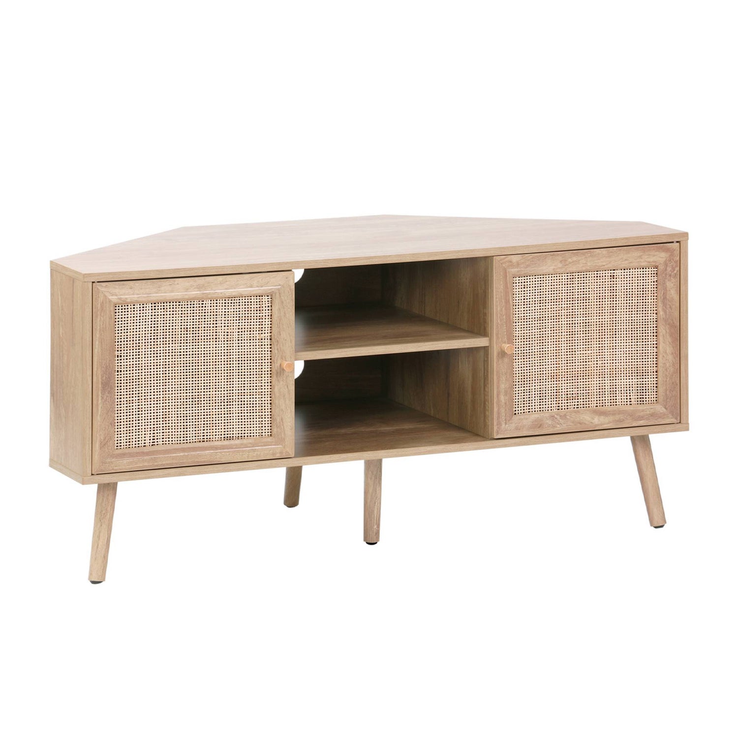 sweeek - Hoek-TV-meubel in houtdecor en rotan, 2 deuren, 1 plank, 115