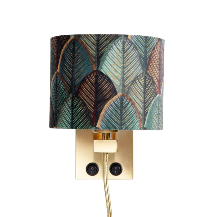 QAZQA Wandlamp brons met velours lampenkap blad dessin met gouden