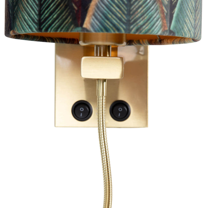 QAZQA Wandlamp brons met velours lampenkap blad dessin met gouden