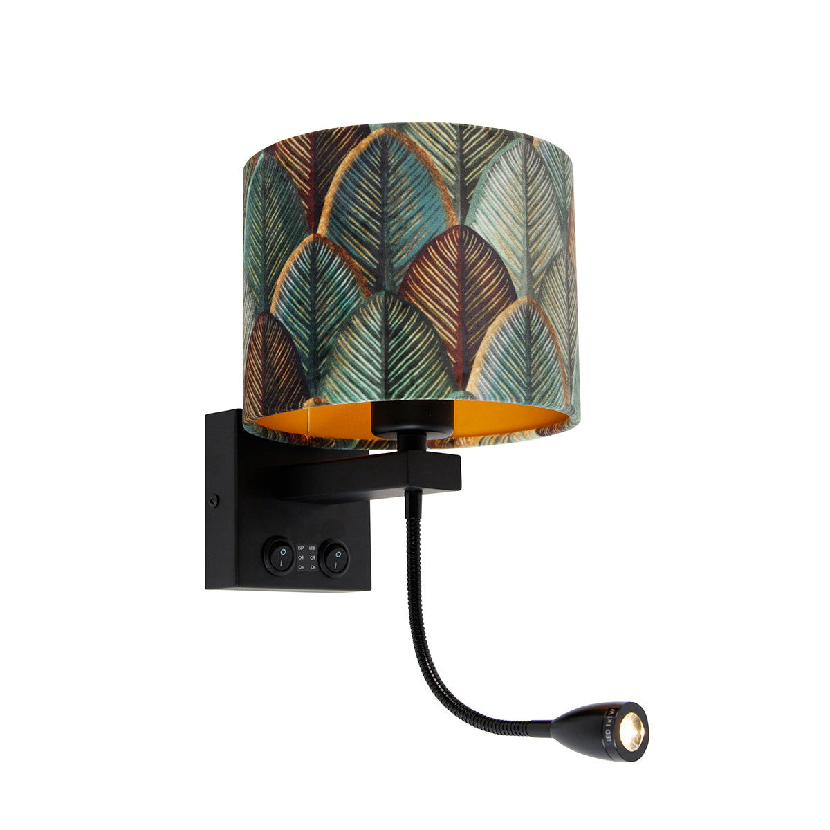 QAZQA Wandlamp zwart met velours lampenkap blad dessin met gouden