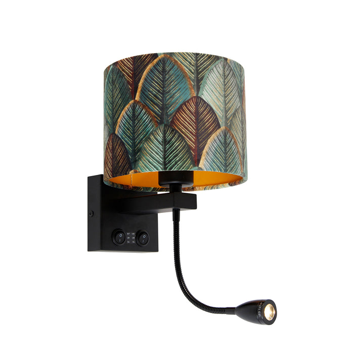 QAZQA Wandlamp zwart met velours lampenkap blad dessin met gouden