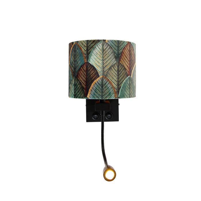 QAZQA Wandlamp zwart met velours lampenkap blad dessin met gouden