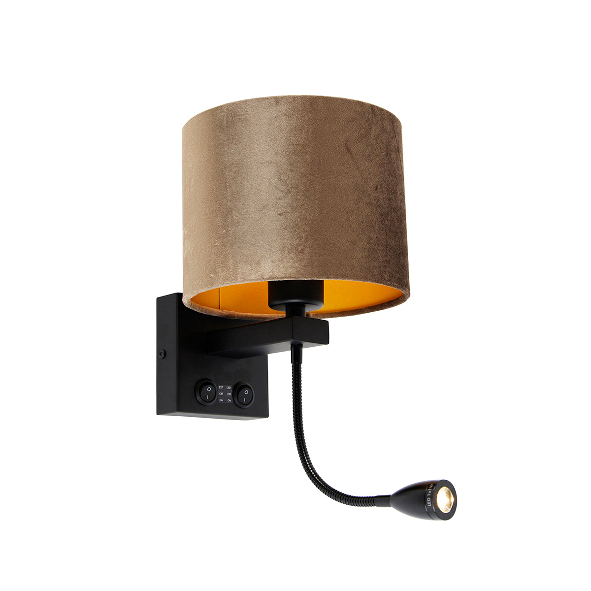 QAZQA Wandlamp zwart met velours kap bruin 18cm - Brescia