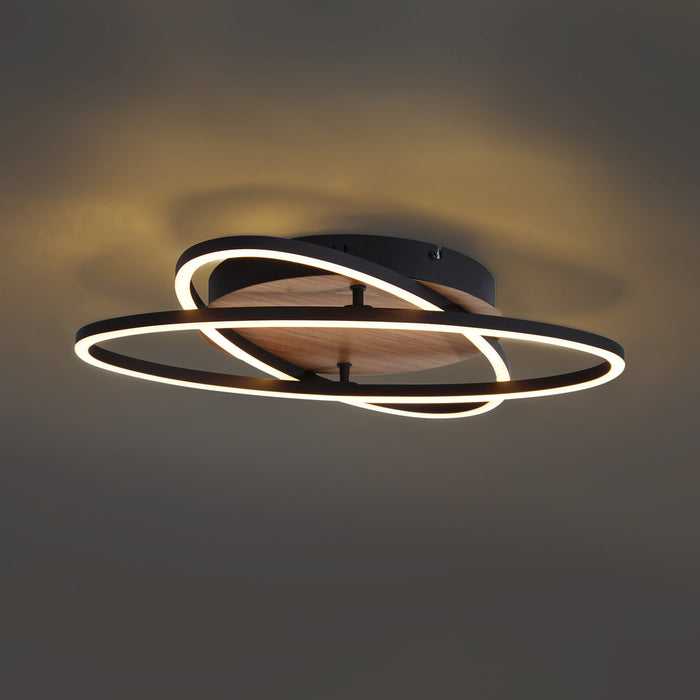 QAZQA Plafondlamp zwart met walnoot hout incl. LED 3-staps dimbaar