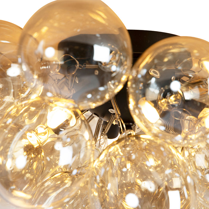 QAZQA Smart plafondlamp zwart met amber glas 6-lichts incl. 6 Wifi G9