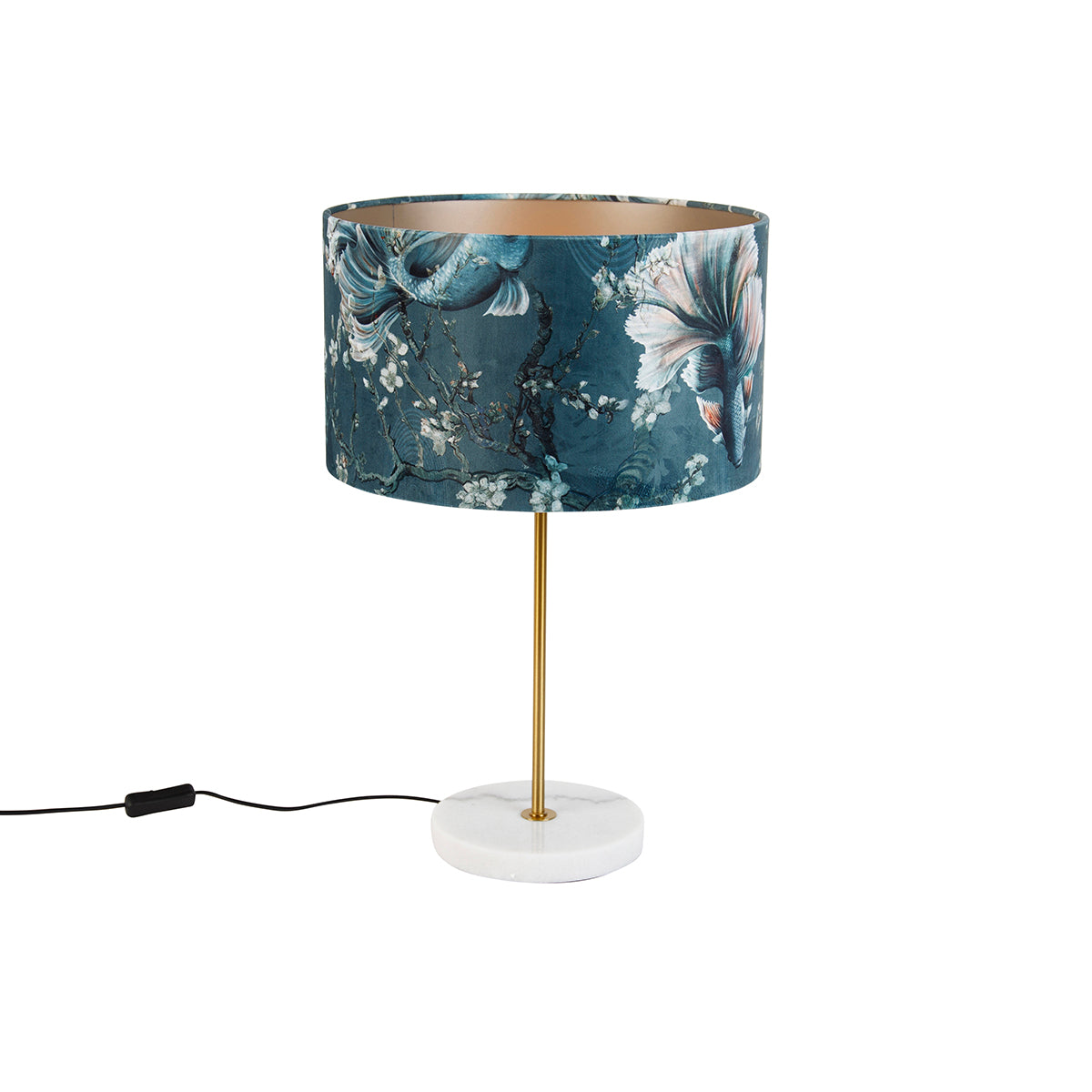 QAZQA Tafellamp messing met velours lampenkap vis dessin 35cm - Kaso