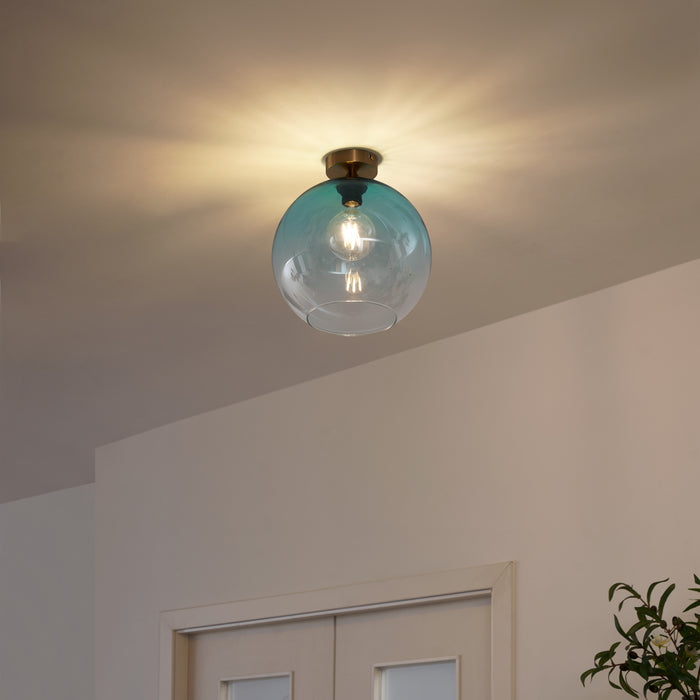 QAZQA Art Deco plafondlamp messing met blauw glas - Sandra