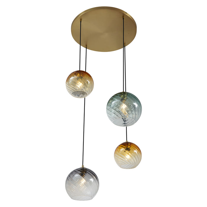 QAZQA Hanglamp brons met smoke amber en groen glas rond 4-lichts -