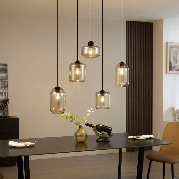 QAZQA Moderne hanglamp zwart met amber glas 5-lichts - Sheena