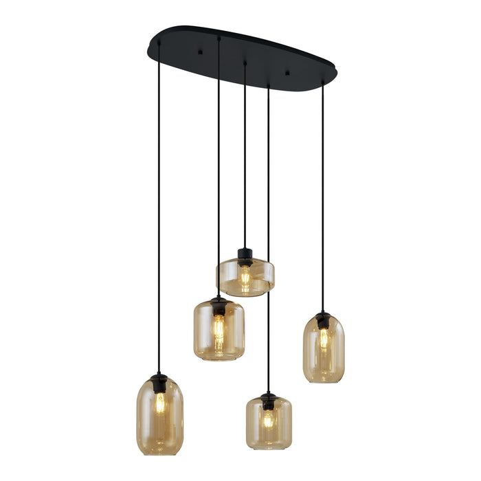 QAZQA Moderne hanglamp zwart met amber glas 5-lichts - Sheena