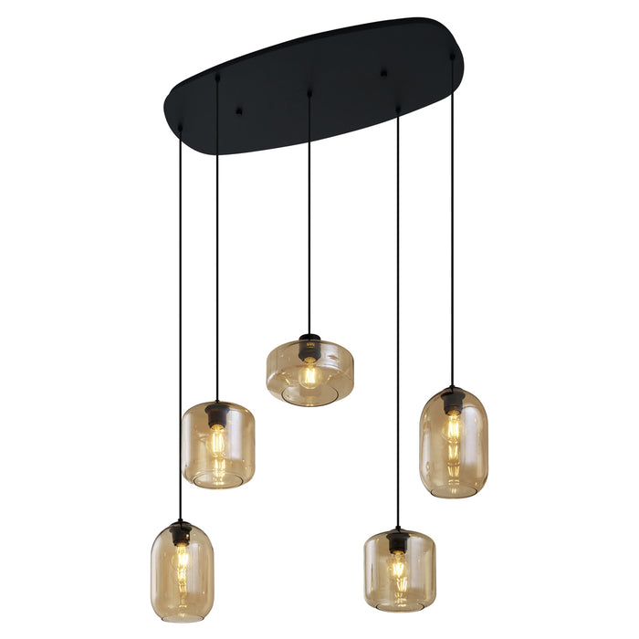 QAZQA Moderne hanglamp zwart met amber glas 5-lichts - Sheena