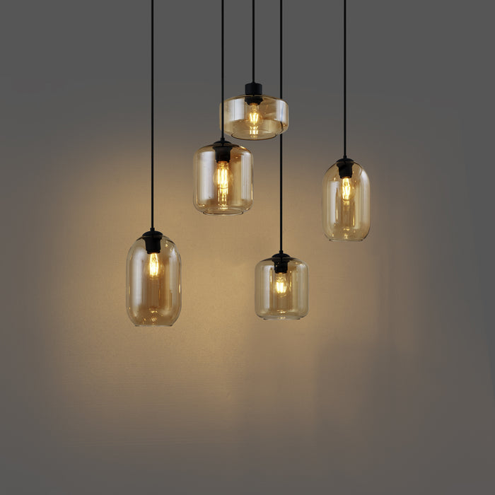 QAZQA Moderne hanglamp zwart met amber glas 5-lichts - Sheena
