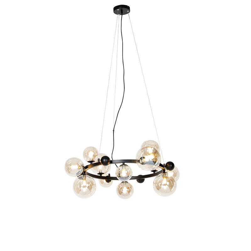 QAZQA Smart hanglamp zwart met amber glas 12-lichts incl. 12 Wifi G9