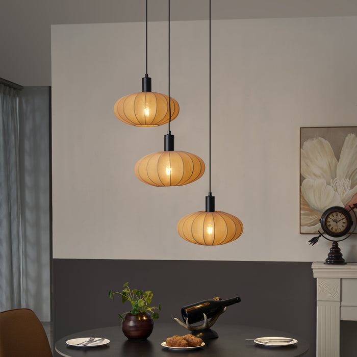 QAZQA Japandi hanglamp zwart met bruine stoffen kap 3-lichts - Bida