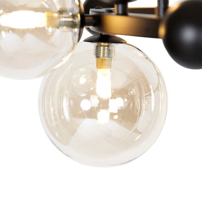 QAZQA Smart hanglamp zwart met amber glas 12-lichts incl. 12 Wifi G9