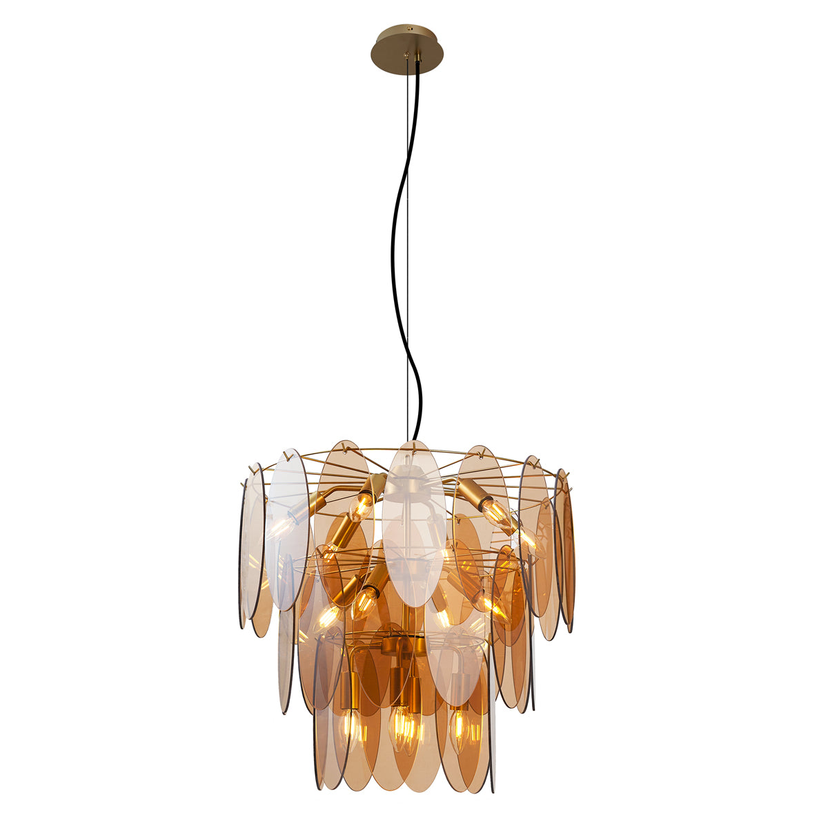 QAZQA Art Deco hanglamp goud met amber glas ovaal 14-lichts - Mochan