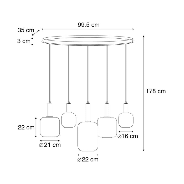 QAZQA Smart hanglamp zwart met goud en smoke glas ovaal 5-lichts
