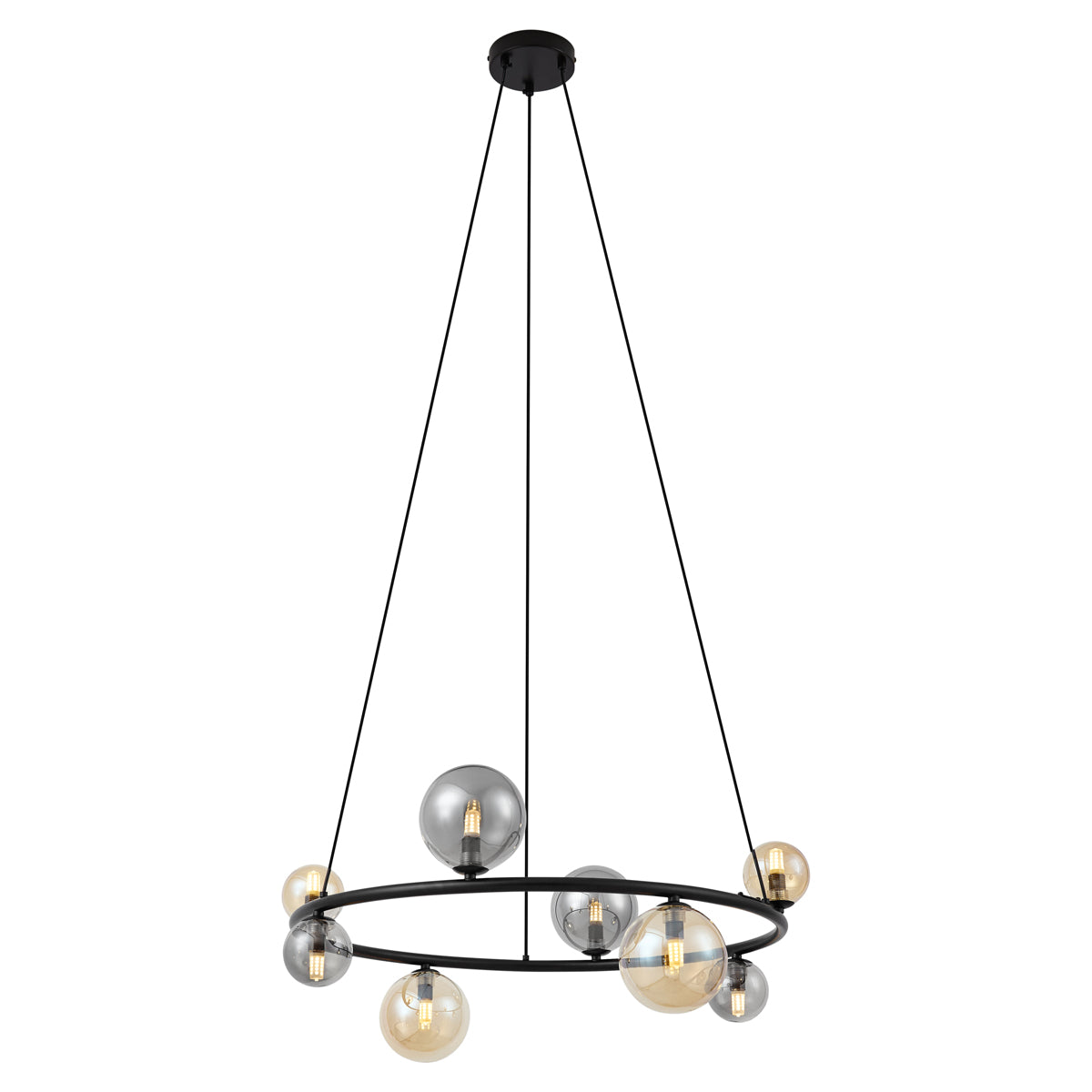 QAZQA Hanglamp zwart met smoke en amber glas rond 8-lichts - Monaco