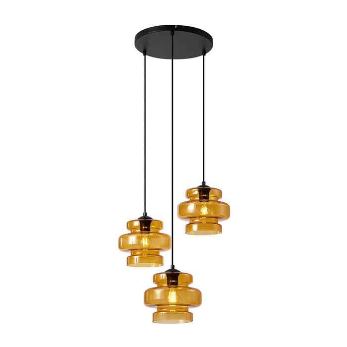 QAZQA Retro hanglamp zwart met oranje glas 3-lichts - Denise