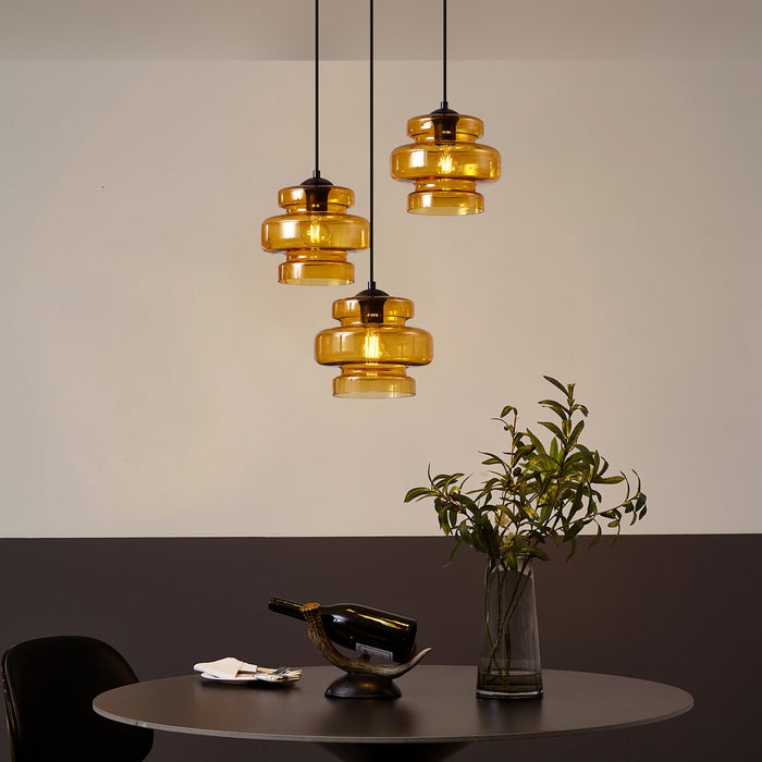 QAZQA Retro hanglamp zwart met oranje glas 3-lichts - Denise