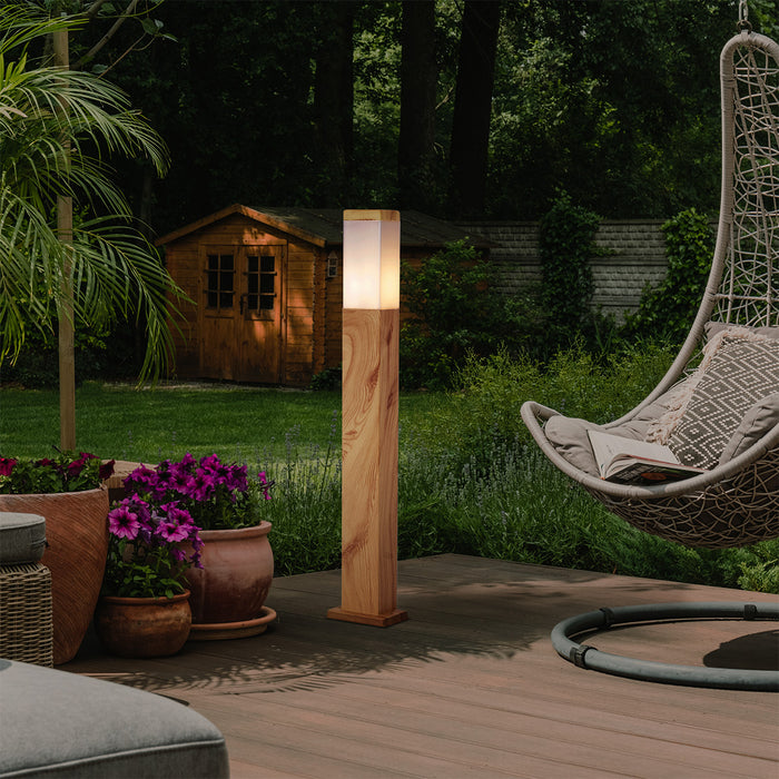 QAZQA Moderne staande buitenlamp staal met hout print 80cm IP44 -