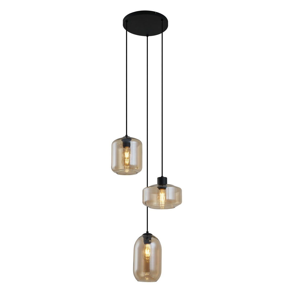 QAZQA Moderne hanglamp zwart met amber glas 3-lichts - Sheena