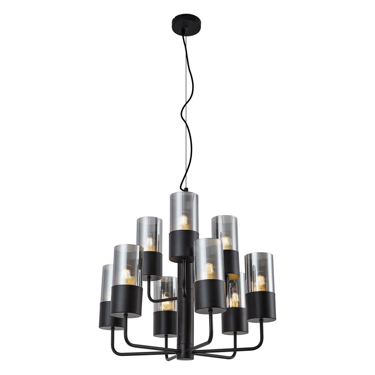 QAZQA Moderne kroonluchter zwart met smoke glas 9-lichts - Laura