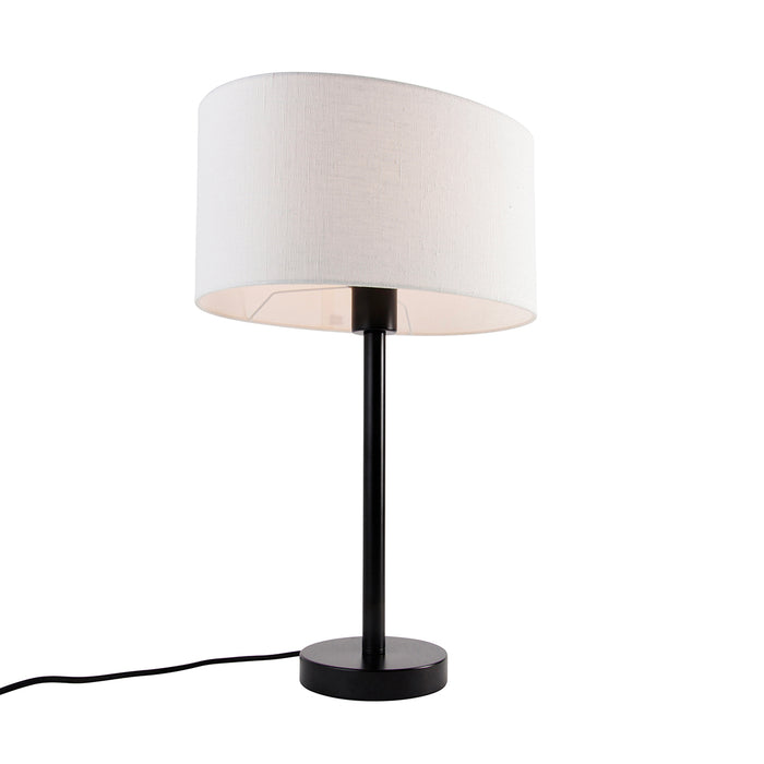 QAZQA Tafellamp zwart met ovale linnen kap wit 35cm - Simplo