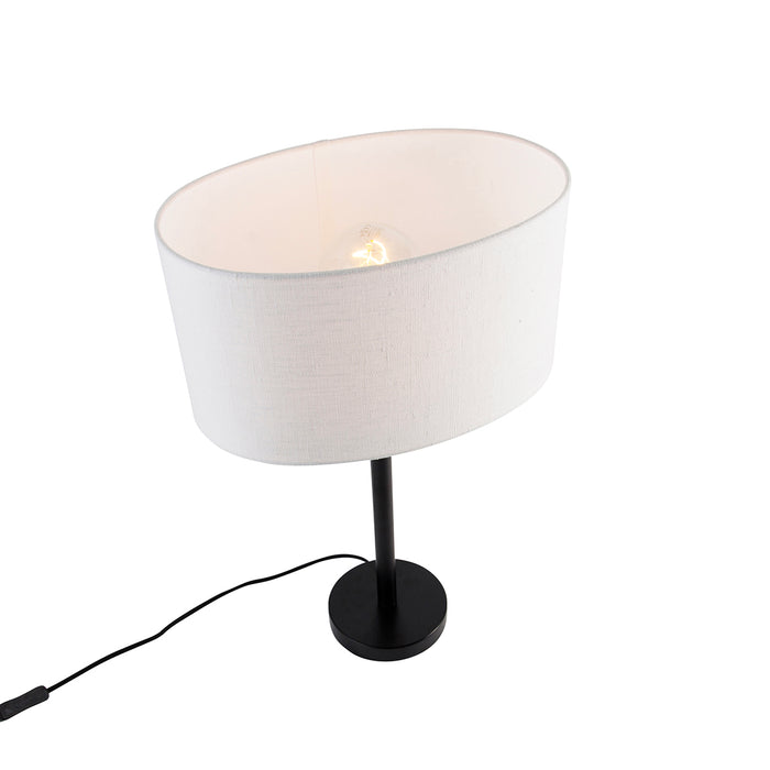 QAZQA Tafellamp zwart met ovale linnen kap wit 35cm - Simplo