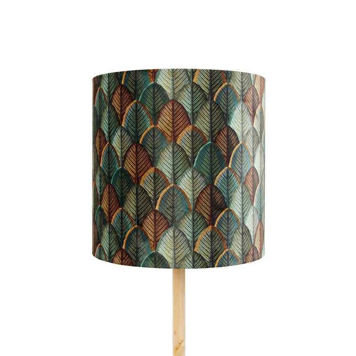 QAZQA Vloerlamp hout met velours lampenkap blad dessin met gouden