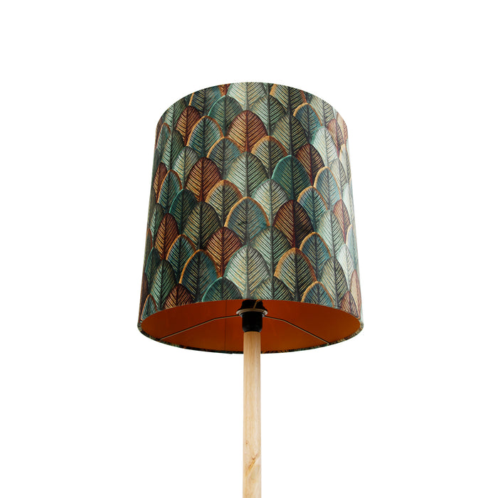 QAZQA Vloerlamp hout met velours lampenkap blad dessin met gouden