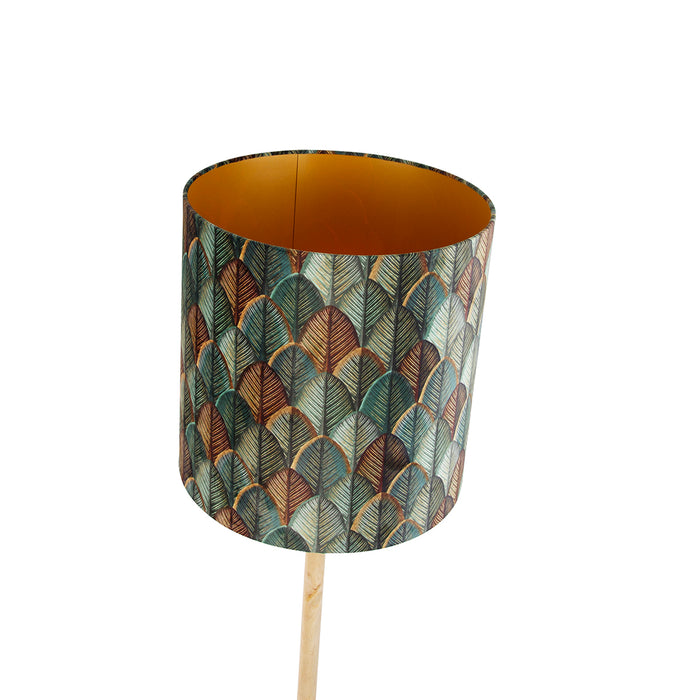 QAZQA Vloerlamp hout met velours lampenkap blad dessin met gouden