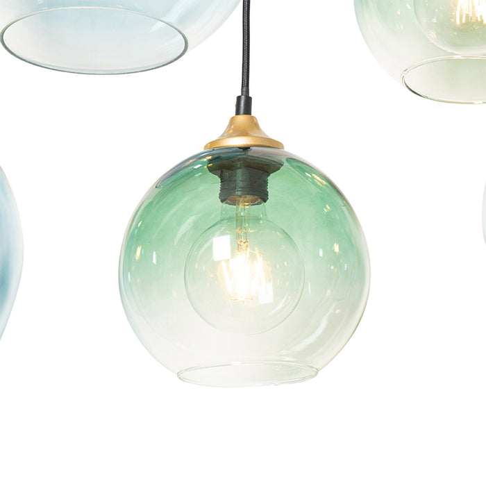 QAZQA Smart hanglamp messing met blauw en groen glas 8-lichts incl. 8