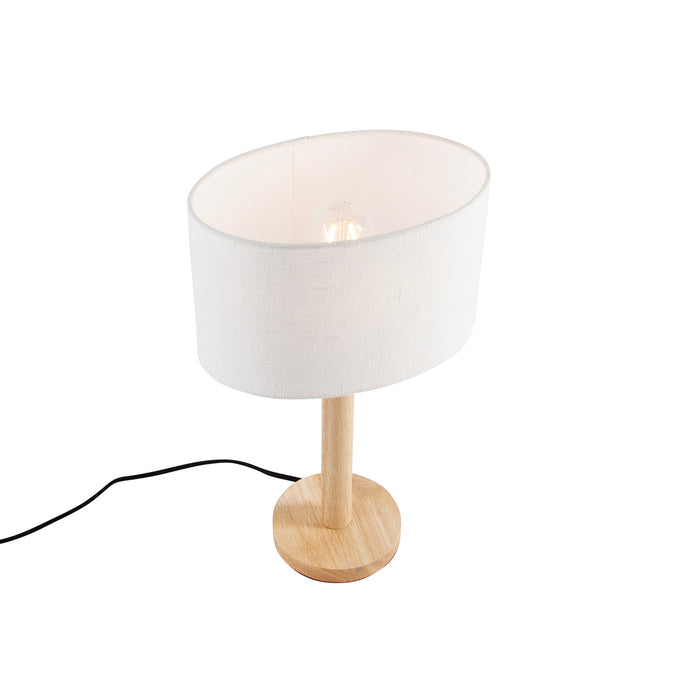 QAZQA Tafellamp hout met ovale linnen kap wit 25cm - Mels
