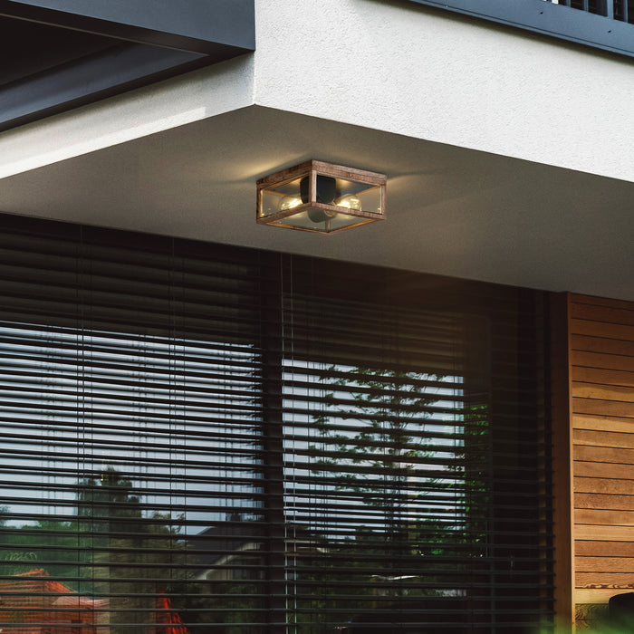 QAZQA Industriële plafondlamp hout print IP44 2-lichts - Charlois