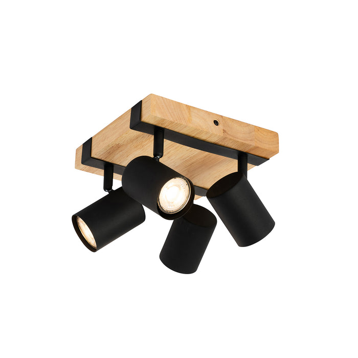 QAZQA Smart plafondspot zwart met hout 4-lichts draai- en kantelbaar