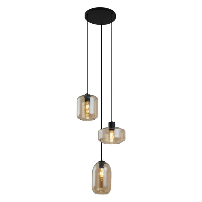 QAZQA Moderne hanglamp zwart met amber glas 3-lichts - Sheena